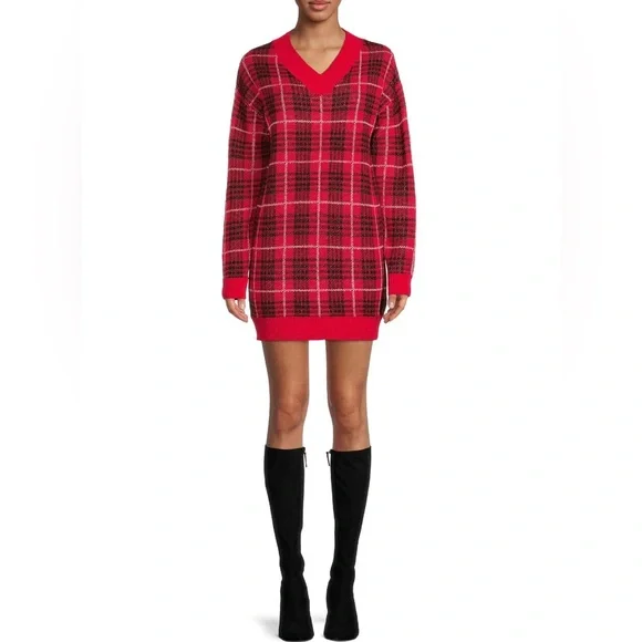 red plaid sweater dress Red Plaid Off-Shoulder Knit Dress WE724 My Store